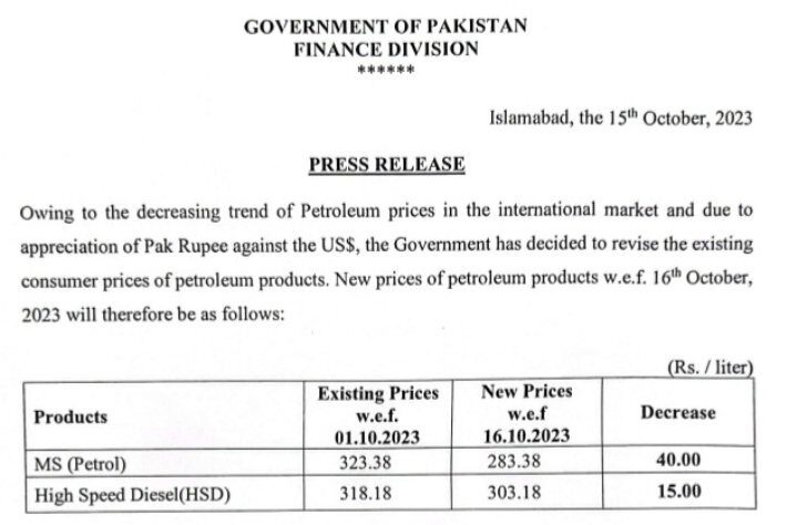 today petrol price in pakistan